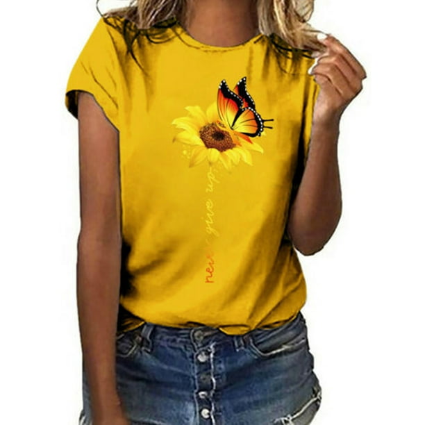 HebeTop Sunflower Shirts for Women Plus Size Faith Tops Summer Short Sleeve Loose Casual T Shirt Teen Girls Graphic Tees 
